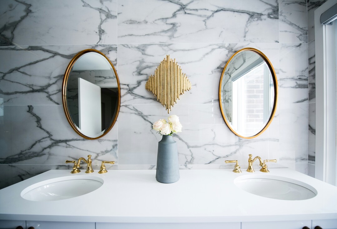 Modern shower room with bold tile detail